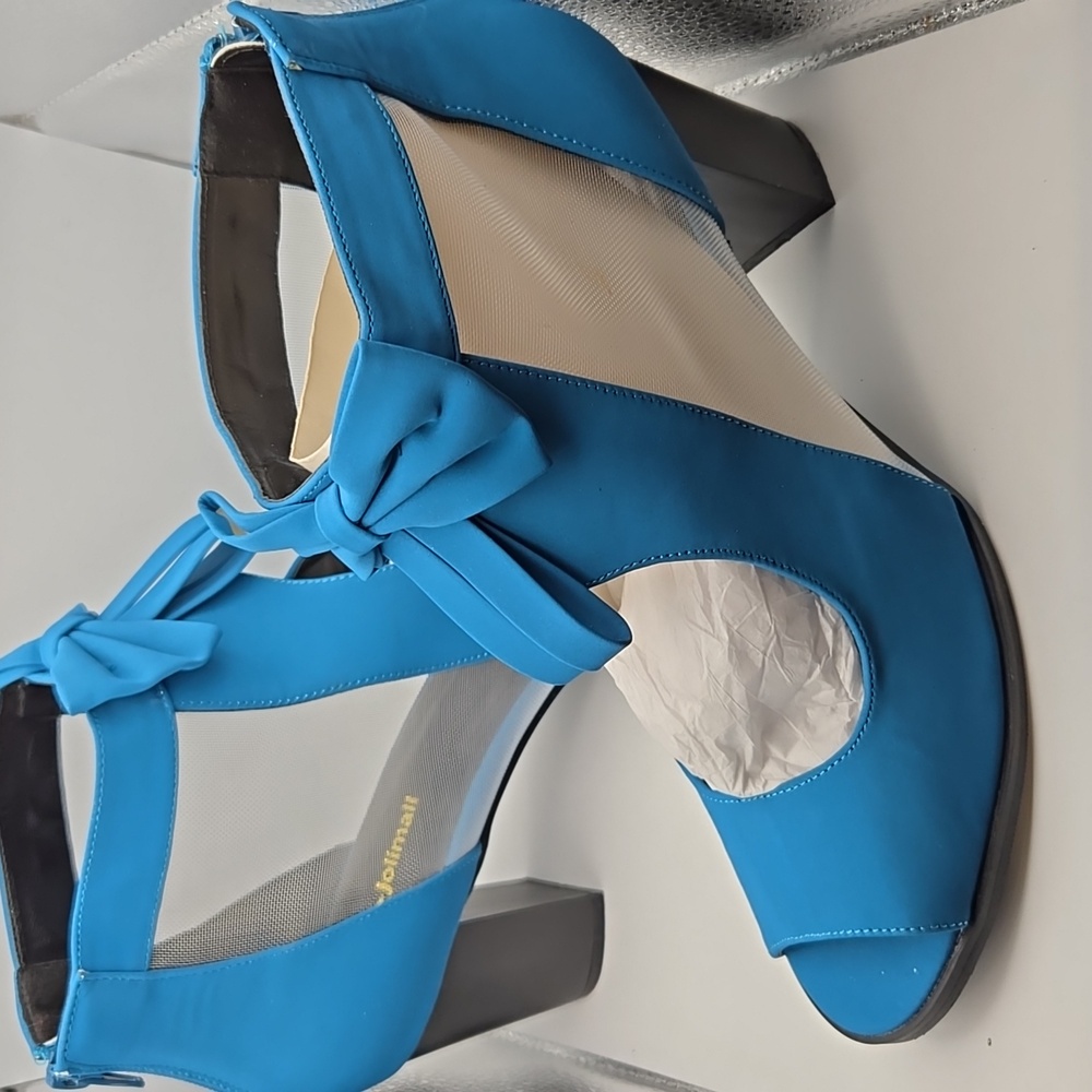 Jolimall Teal Blue Sandals Block Heels with Mesh Sides Zip Back Bow size 11 - Picture 3 of 7
